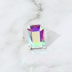 Abalone Silver Emerald Cut Crystal Adjustable Ring Fashion Statement Jewelry